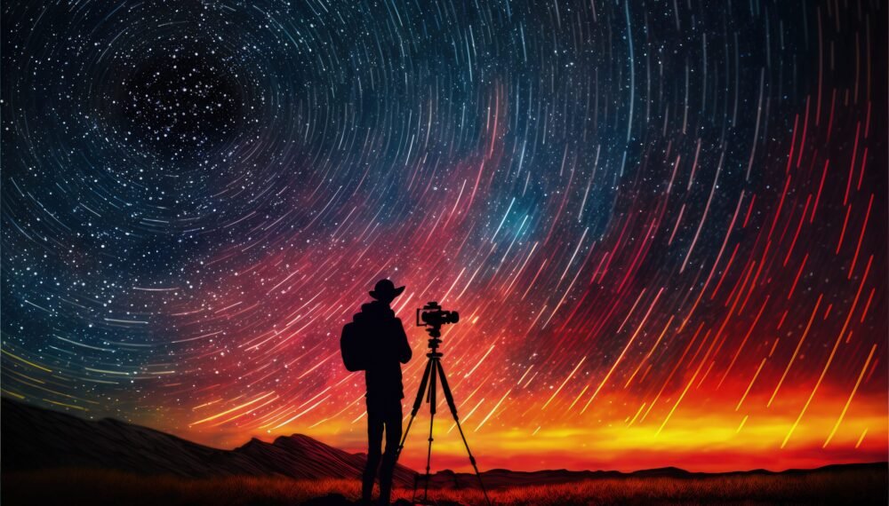 young photographer taking picture of sunrise sky with star trails , digital art style, illustration painting, fantasy concept of a young photographer taking picture