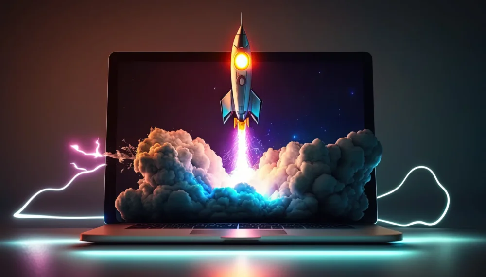 rocket-taking-off-from-laptop-background-with-lightning-neon-lights-generative-ai